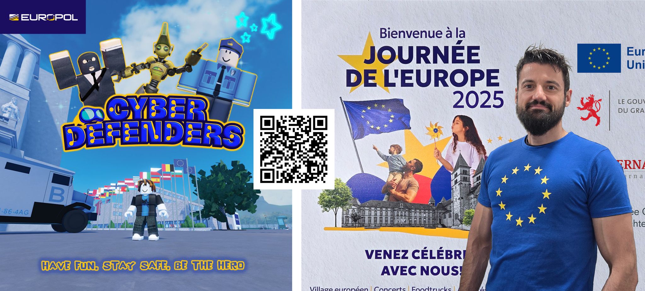 George Alex Stelea at the Europe Day 2025 event in Luxembourg, standing next to a poster for Europol’s Cyber Defenders educational game promoting online safety for kids.