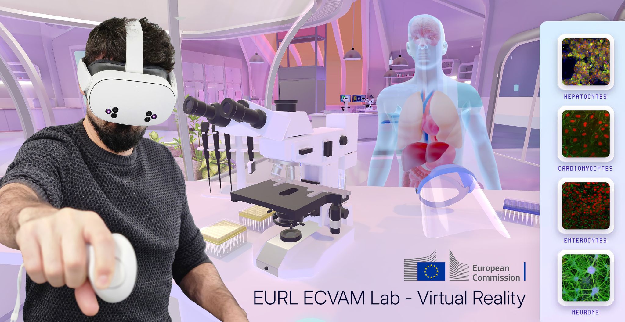 George Alex Stelea wearing a VR headset and holding a hand controller, interacting with a virtual reality lab interface. The background features a digitally styled modern laboratory scene with a microscope and a semi-transparent 3D human anatomy model, including visible organs. A vertical panel on the right displays labeled images of different human cell types. The environment is bright, sleek, and futuristic, highlighting themes of science, research, and VR-based laboratory training.